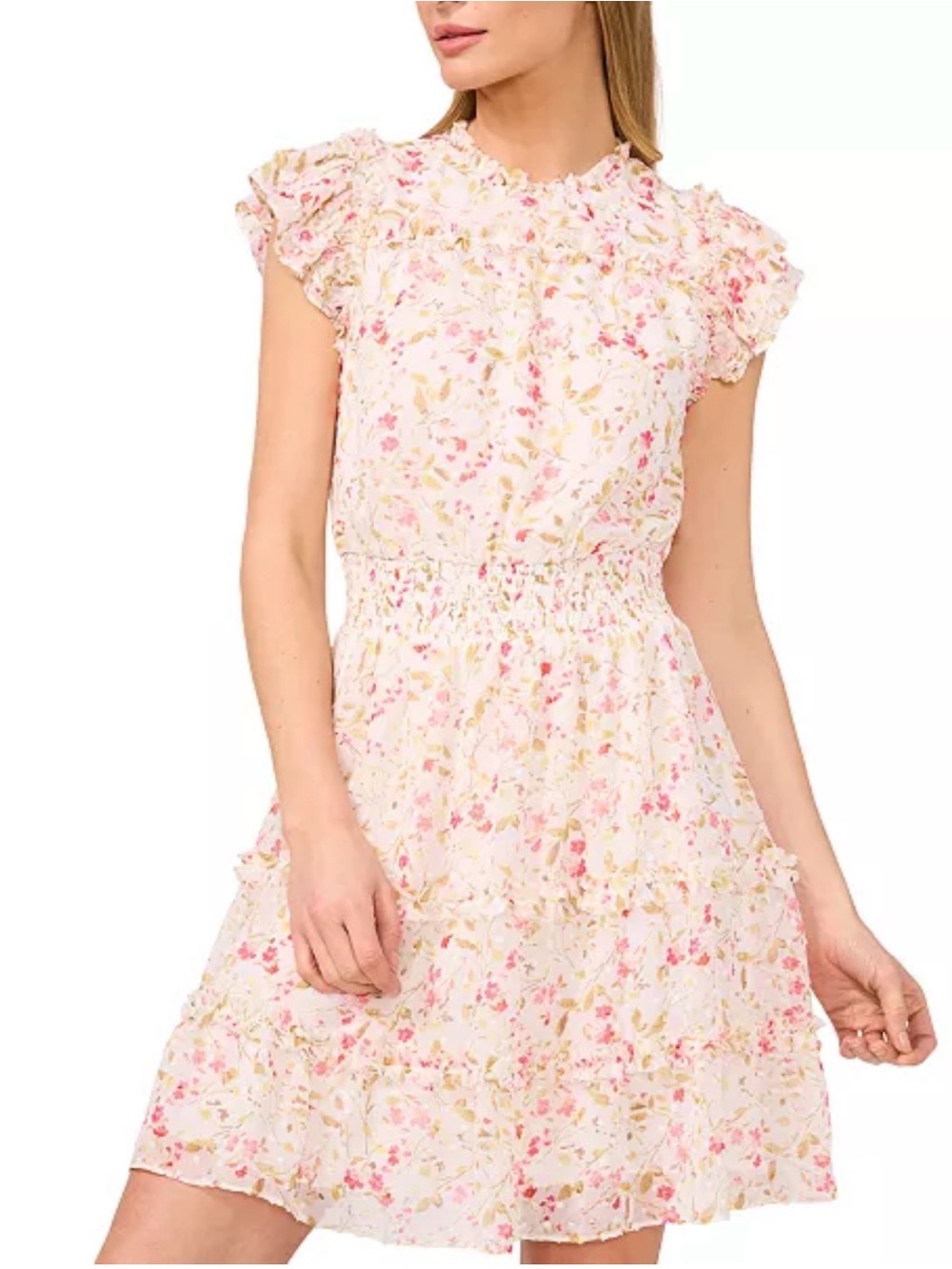 CeCe Cream Floral Ruffle-Sleeve Sundress